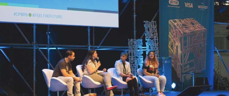 Catharina Doria on stage at Campus Party Brazil with UN Women on how technology can help public security