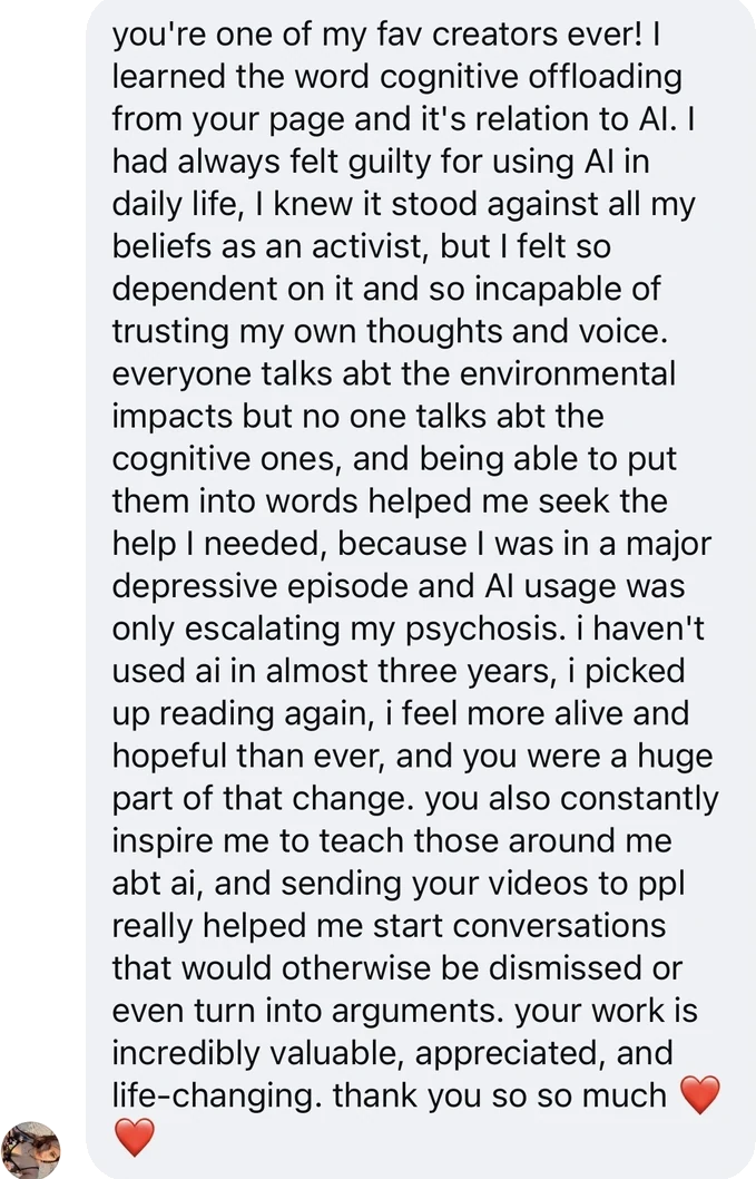 Message from a community member about the impact of Catharina's work